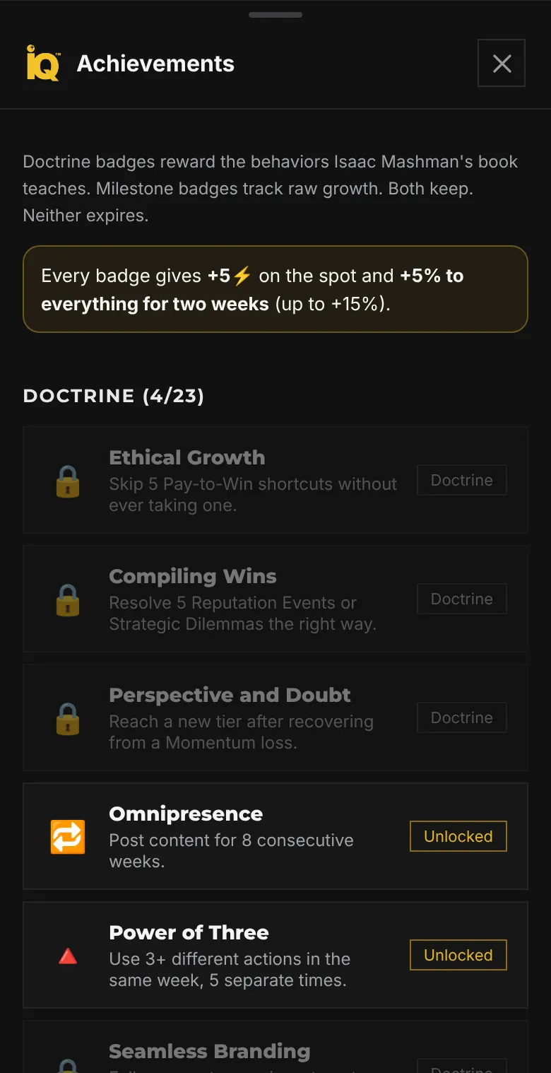 Achievements on a phone: the reward note, every badge gives 5 energy and 5% to everything for two weeks up to 15%, then Doctrine 4 of 23 with Ethical Growth, Compiling Wins and Perspective and Doubt locked, and Omnipresence and Power of Three unlocked.