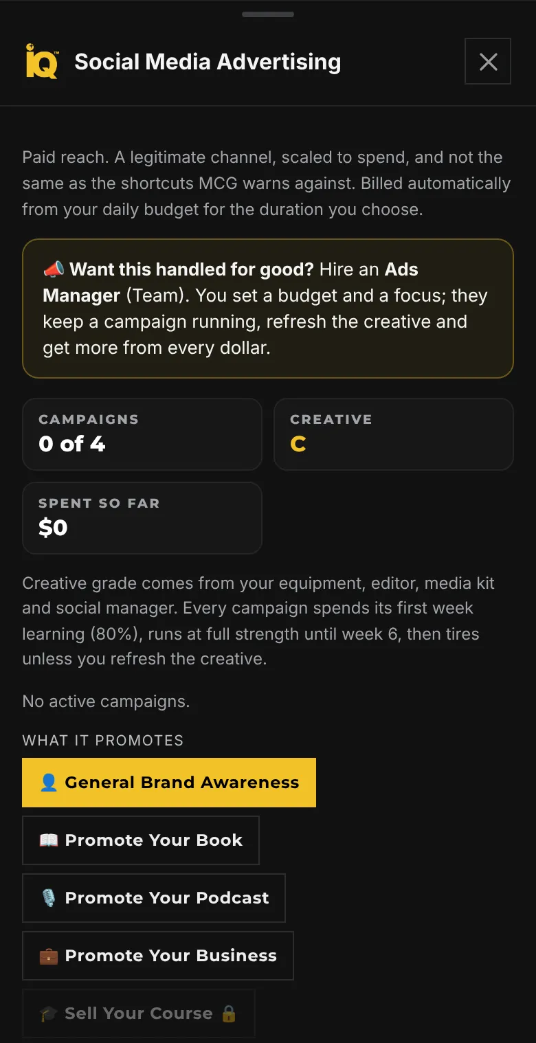 Social Media Advertising on a phone: a note offering an Ads Manager, campaigns 0 of 4, creative grade C, spent so far 0 dollars, and the What It Promotes options, General Brand Awareness, Promote Your Book, Promote Your Podcast and Promote Your Business.