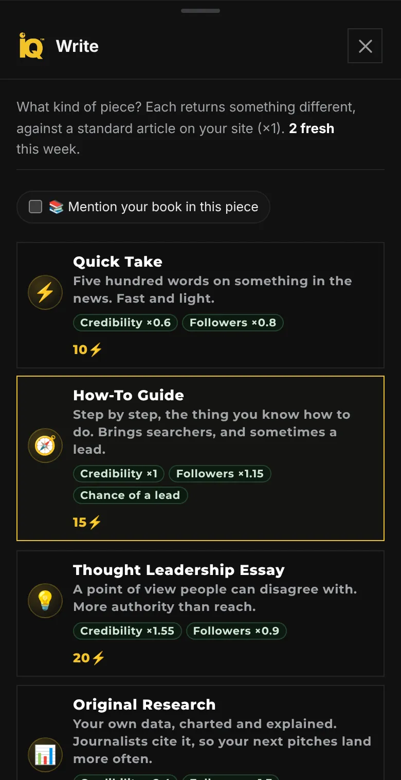 The Write window on a phone: a Mention your book in this piece checkbox and article cards for Quick Take at 10 energy, How-To Guide at 15, Thought Leadership Essay at 20 and Original Research, each with its credibility and follower multipliers.