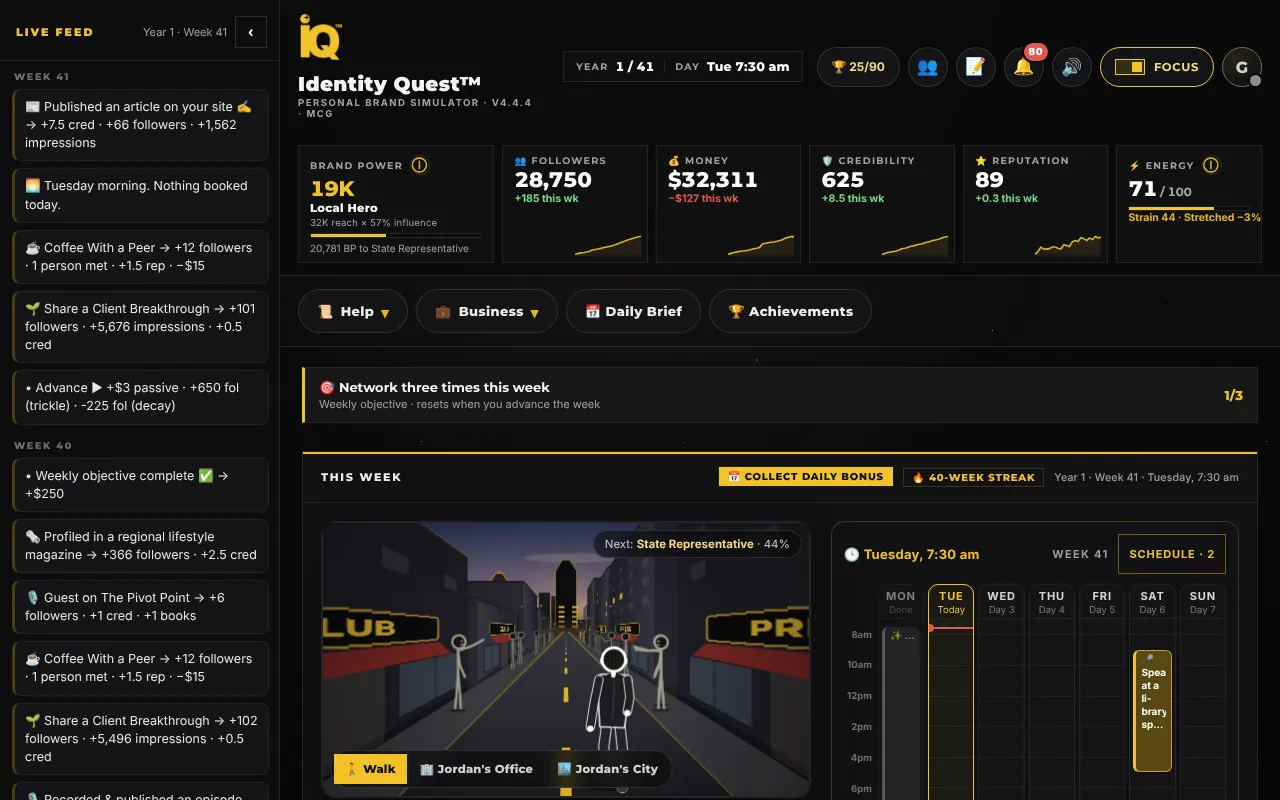 The Identity Quest™ board on a desktop in week 41: the Live Feed on the left, the stats strip with Brand Power, followers, money, credibility, reputation and energy, the nav row, a weekly objective, and This Week with the Walk beside the calendar.