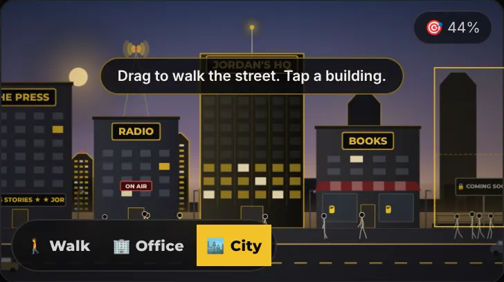 The City view on a phone: a street of lit buildings including The Press, Radio, Jordan's HQ and Books, with a hint reading Drag to walk the street. Tap a building.