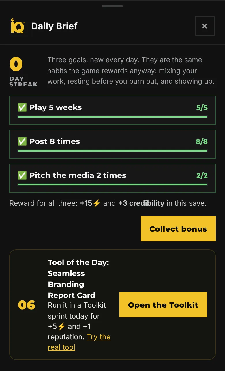 The Daily Brief on a phone: three completed goals, Play 5 weeks, Post 8 times and Pitch the media 2 times, a reward of 15 energy and 3 credibility with a Collect bonus button, and a Tool of the Day card.