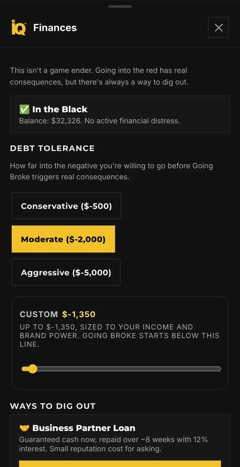Finances on a phone: In the Black with the balance, the Debt Tolerance options Conservative, Moderate and Aggressive, a custom slider, and Ways to Dig Out starting with a Business Partner Loan.