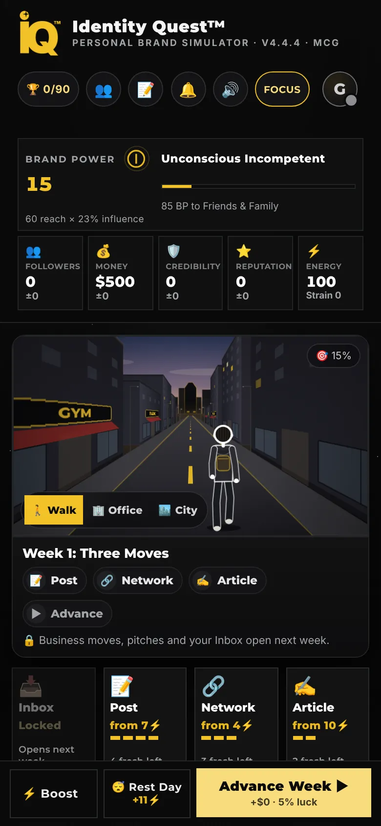 The first week on a phone: the stats, the Walk, a coach strip reading Week 1: Three Moves with Post, Network and Article, the action tiles, and the dock with Boost, Rest Day and Advance Week.