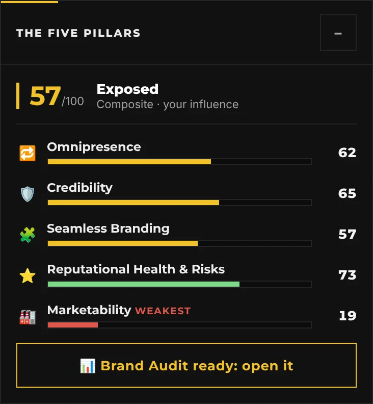 The Five Pillars panel on a phone: a composite of 57 out of 100, Exposed, with Omnipresence 62, Credibility 65, Seamless Branding 57, Reputational Health and Risks 73 and Marketability 19 marked weakest, and a Brand Audit ready button.