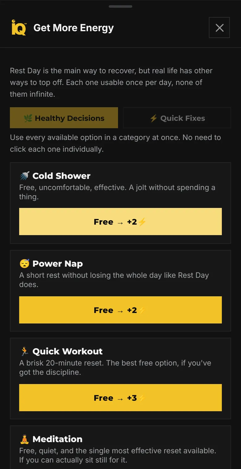 Get More Energy on a phone: Healthy Decisions and Quick Fixes tabs, then Cold Shower free for 2 energy, Power Nap free for 2, Quick Workout free for 3, and Meditation.