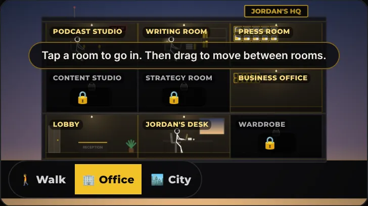 The Office view on a phone: a three-floor building with the Podcast Studio, Writing Room and Press Room on top, the Content Studio, Strategy Room and Business Office in the middle, and the Lobby, Your Desk and Wardrobe below, with locked rooms marked by padlocks.