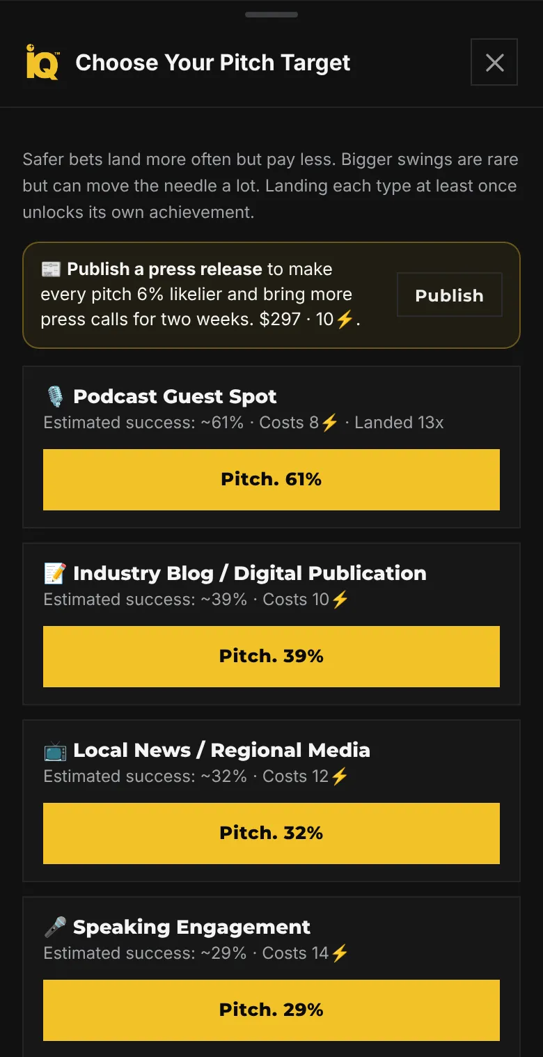 Choose Your Pitch Target on a phone: a Publish a press release offer, then Podcast Guest Spot at about 61% for 8 energy, Industry Blog at 39% for 10, Local News at 32% for 12 and Speaking Engagement at 29% for 14, each with a Pitch button.