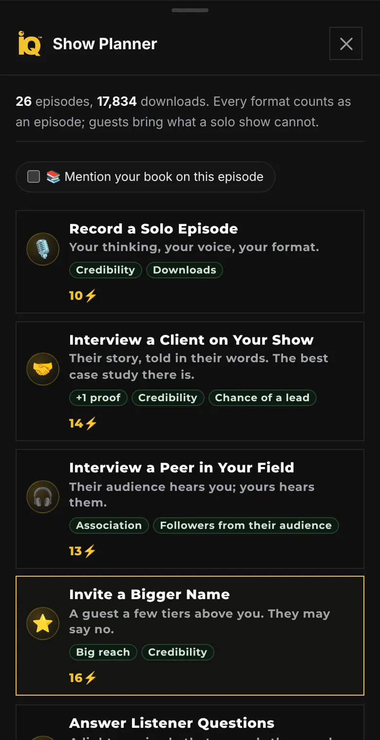 The Show Planner on a phone: episode and download totals, and formats Record a Solo Episode at 10 energy, Interview a Client at 14, Interview a Peer at 13 and Invite a Bigger Name at 16.