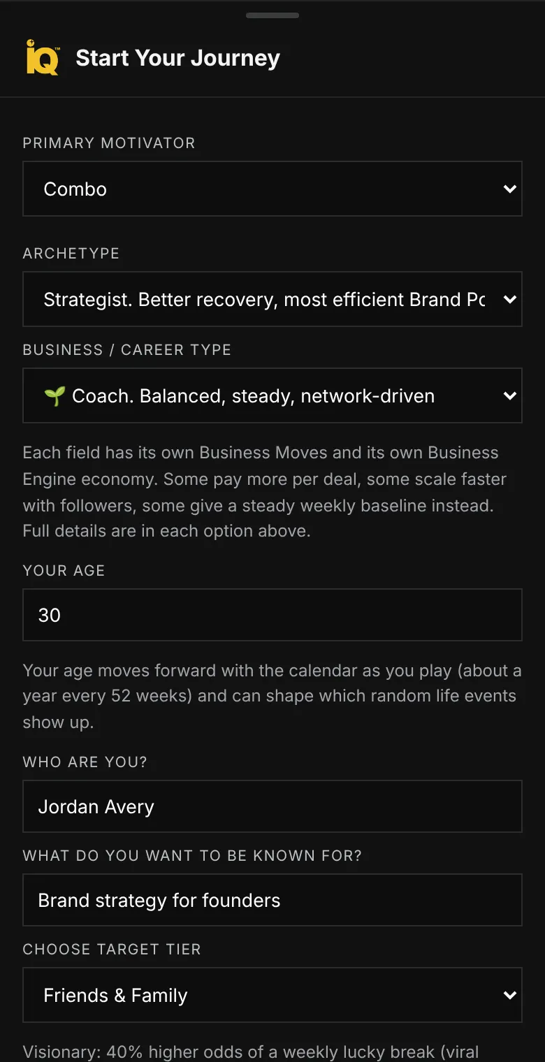 The Start Your Journey window on a phone: Primary Motivator, Archetype, Business or Career Type, Your Age, Who Are You, What Do You Want to Be Known For, and Choose Target Tier.