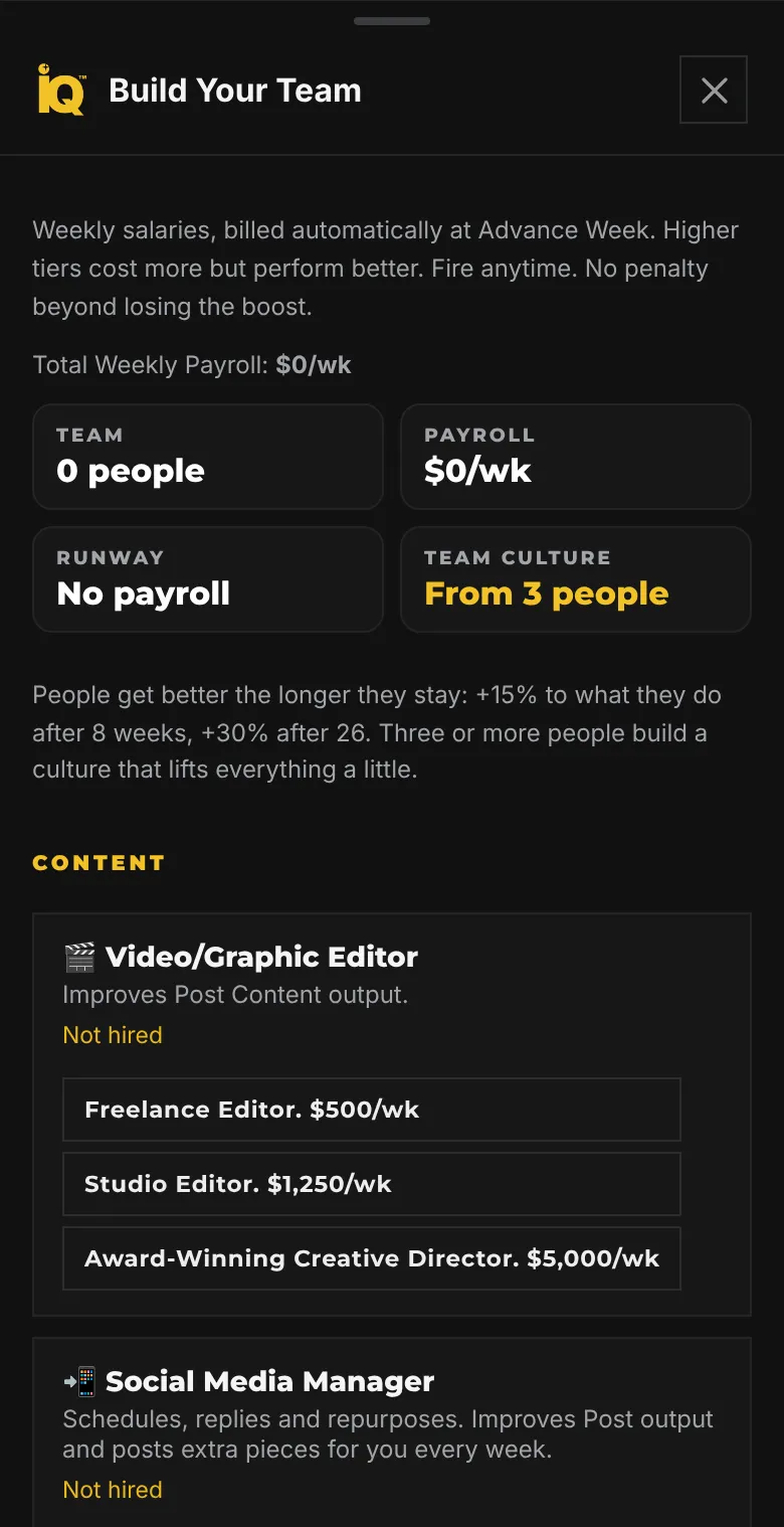 Build Your Team on a phone: team, payroll, runway and team culture, a note on tenure, and the Video/Graphic Editor role with Freelance Editor at 500 dollars a week, Studio Editor at 1,250 and Award-Winning Creative Director at 5,000.
