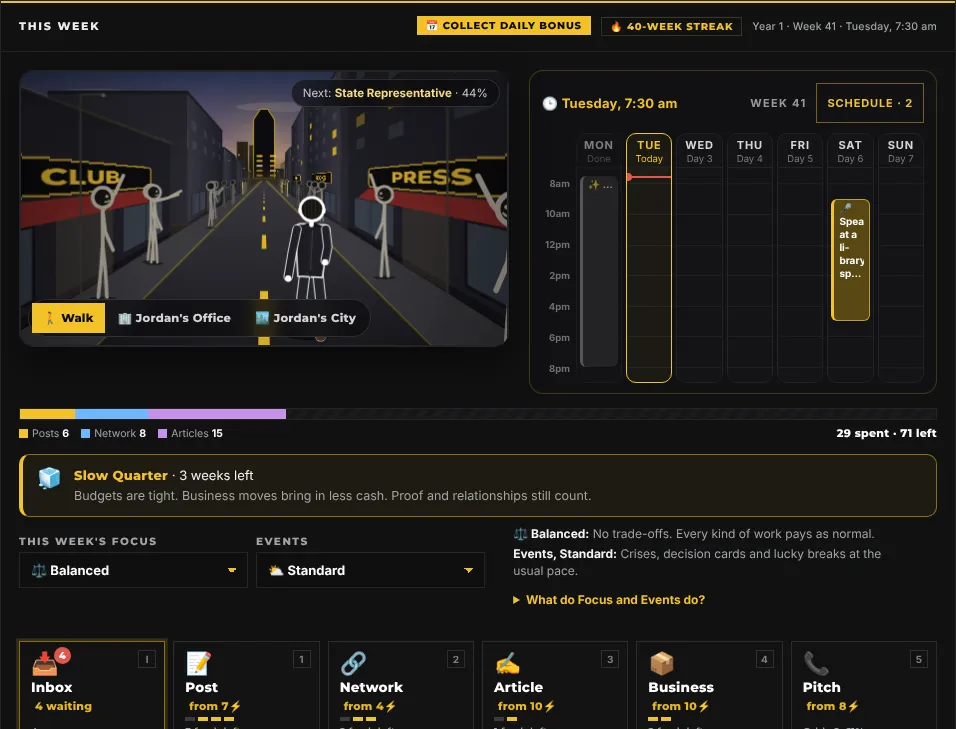 This Week on a desktop: the Walk beside a Monday to Sunday calendar with a booked speaking appearance on Saturday, the energy bar split into posts, networking and articles with 29 spent and 71 left, a Slow Quarter banner, the Focus and Events dropdowns and the first action tiles.
